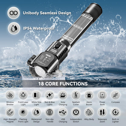 hawkbang 18-in-1 Solar/USB Rechargeable Car Emergency Flashlight Tool - Auto Safety Hammer Glass Breaker, Seatbelt Cutter, Flameless Fire Starter, SOS Alarm, Power Bank, Survival Gear, Driver Gifts