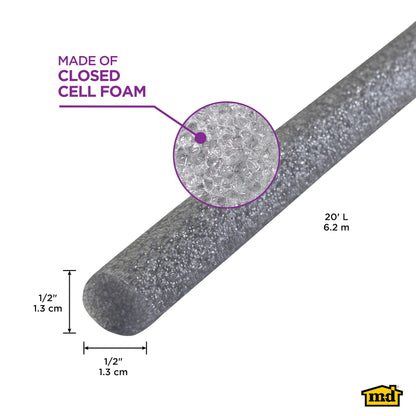 M-D Building Products - Versatile Gray Foam Backer Rod Set 1/2in x 20ft - Essential Caulk Saver for Sealing Concrete Gaps, Expansion Joints, and Crack Filling (71480)