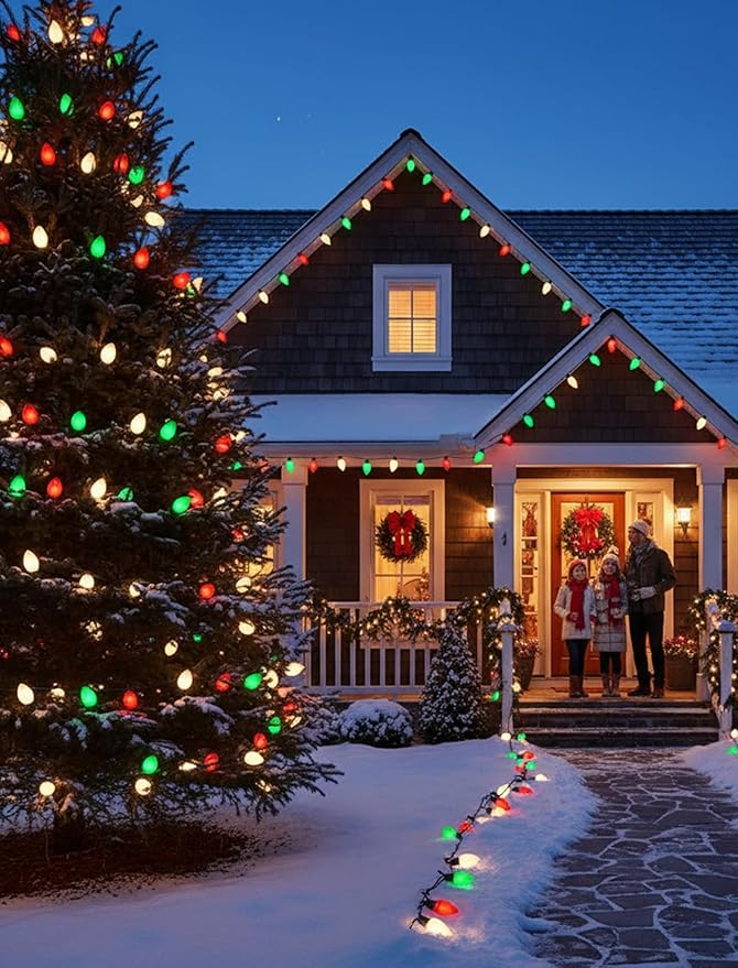 25FT Red Green White Christmas Lights,Vintage C9 LED Christmas Light with 26 Shatterproof Plastic Bulbs,Connectable Multicolor Outdoor Lights for Christmas Tree, Gardens,Party Holiday