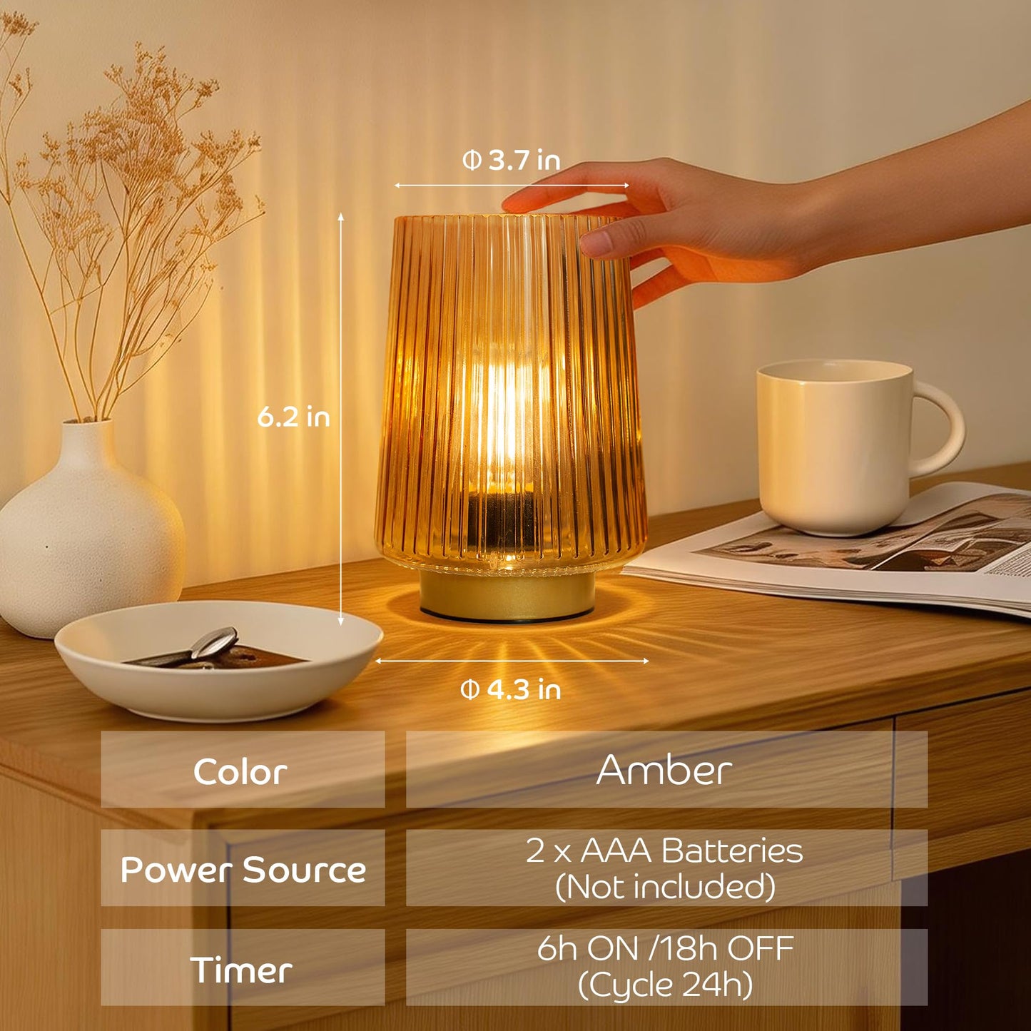 LUSHARBOR Battery Operated Decorative Lamp with Timer, Small Cozy Table Lamp for Bedside & Home Decor, Aesthetic Cordless Battery Powered Accent Lamp for Living Room Shelf, Amber