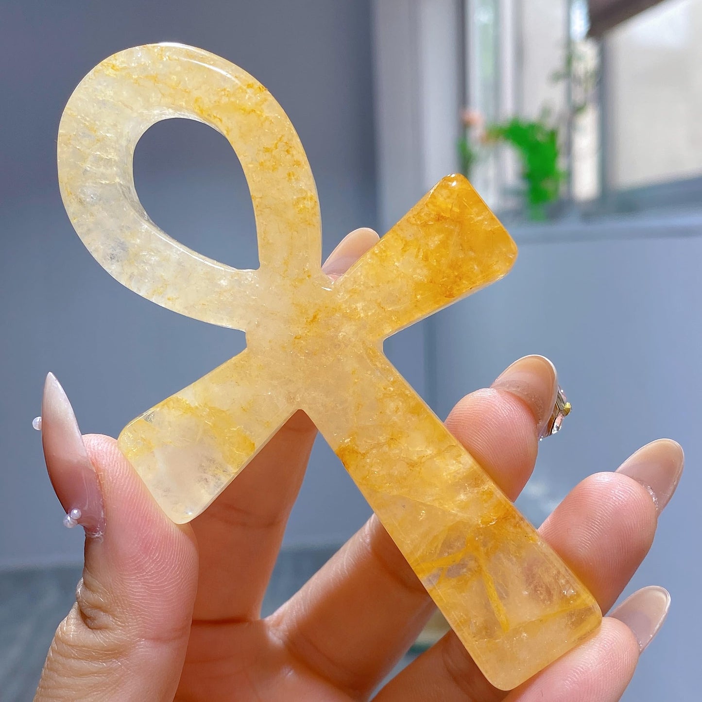 3.6" Natural Quartz,Hand Carved,Mineral Sample,Ankh Totem,Home Decor,Reiki Heal,Energy Crystal Gift (Yellow Hematoid Quartz)