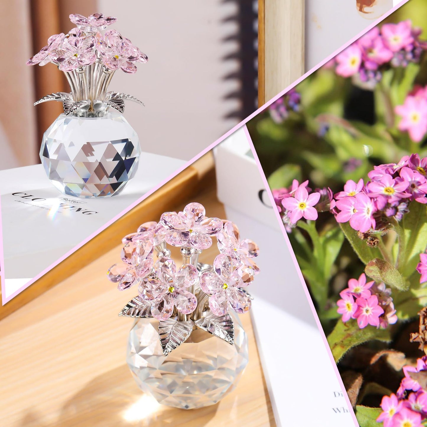 YWHL Pink Crystal Forget Me Not Figurines with Base, Crystal Glass Flower Gifts for Women, Handmade Flower Collectible Figurine Ornaments for Tabletop Centerpieces Home Decor