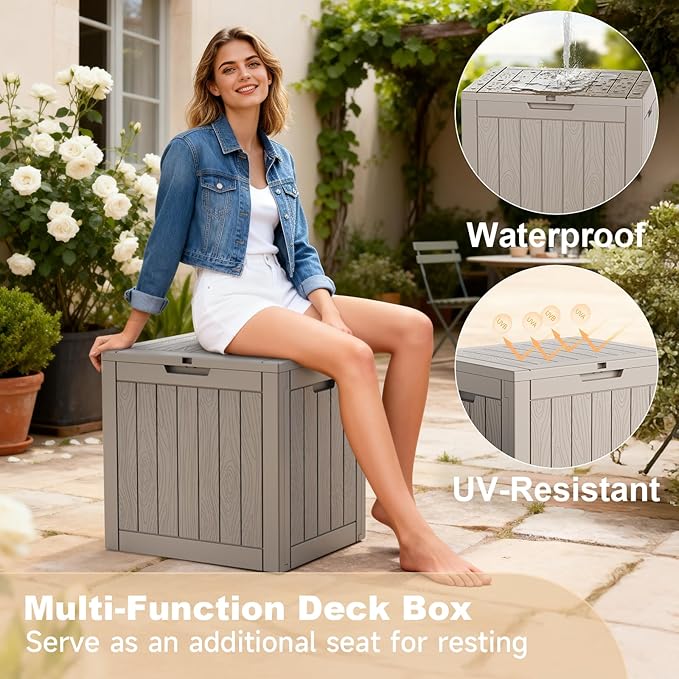 30 Gallon Outdoor Deck Box, Lockable Waterproof Outdoor Storage Boxes For Garden Tools,Indoor Cushions,Accessories Outside Storage Resin Weatherproof Container(Grey)
