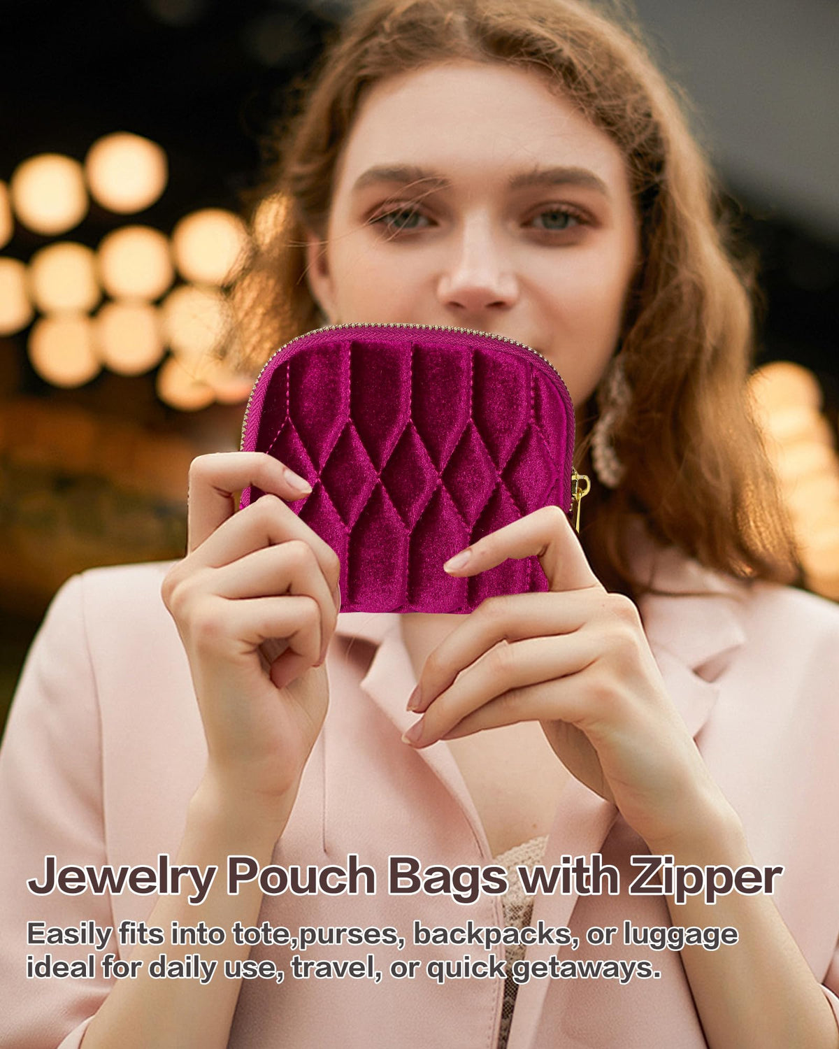 Vidifina Small Travel Jewelry Case, Mini Travel Jewelry Bag with Zipper, 5-Layer Velvet Organizer Pouch for Bracelet Rings Earrings - Diamond Stitched Velvet Rose Purple