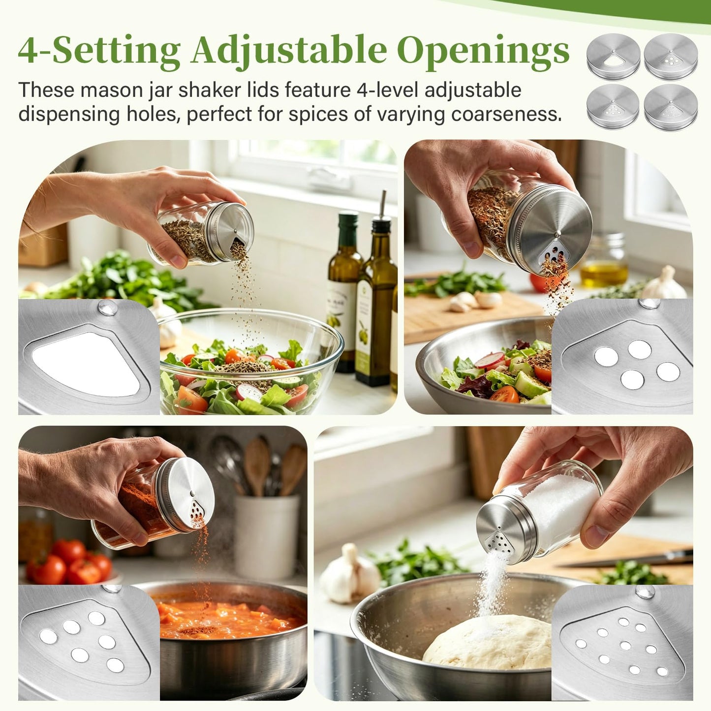 4-Pack Stainless Steel Adjustable Spice Shaker Lids for Regular Mouth Mason Jars, with 4 Bonus Silicone Sealing Rings – Dual Shaker/Pour Tops for Seasoning, Salt & Pepper Storage