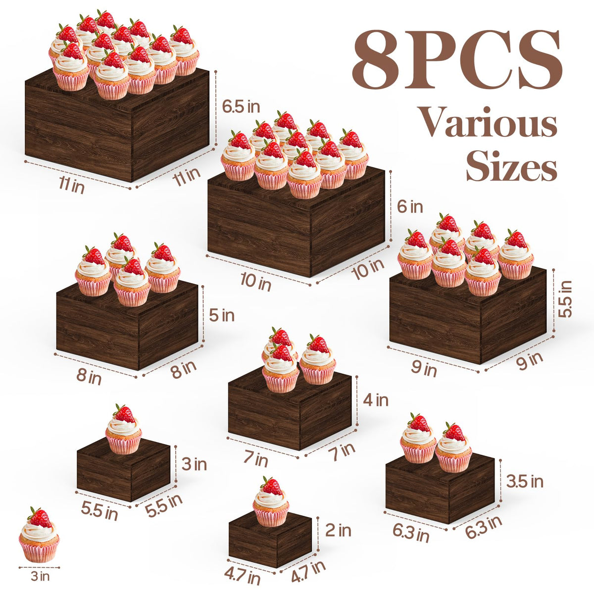 VANITURE 8 PCS Wooden Buffet Risers, Rustic Wood Cake Cupcake Stands, Square Food Risers for Buffet Table, Catering Dessert Table Display Set, Stackable Wooden Crates for Party, Decor, Wedding, Birthday