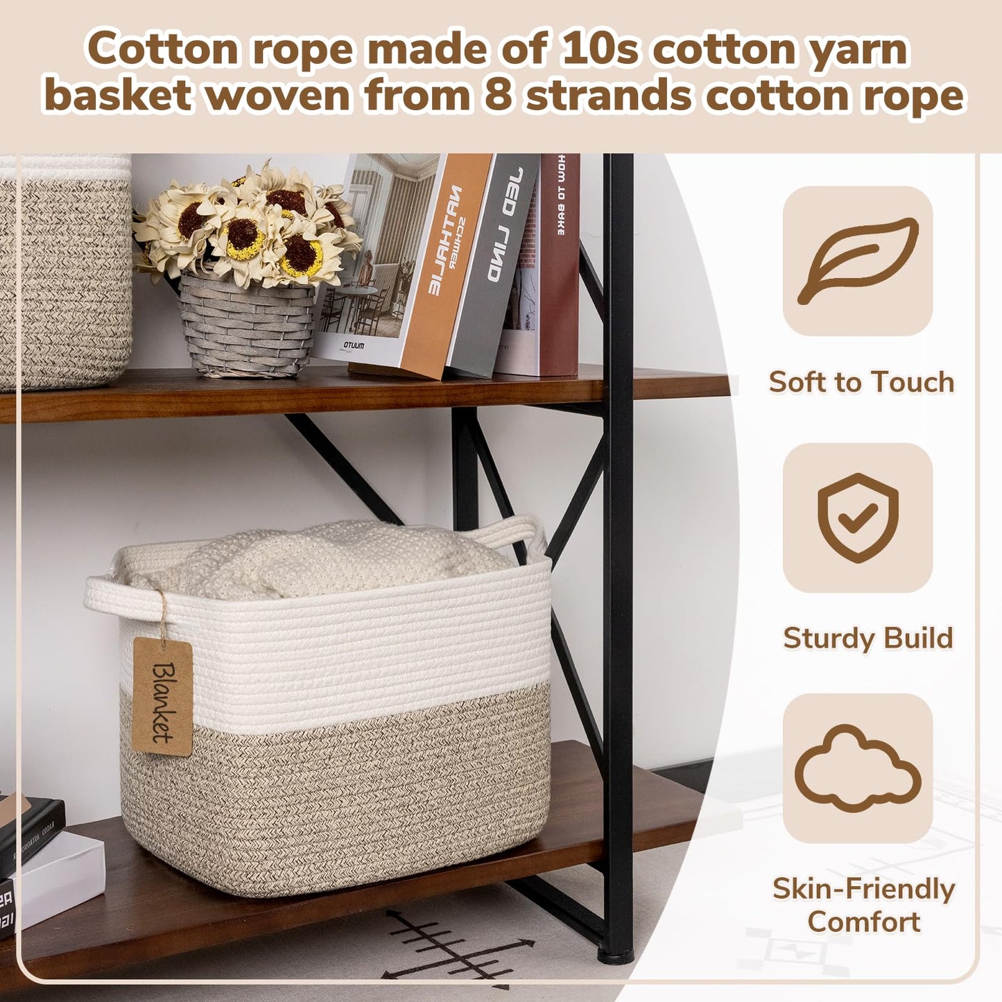 Goodpick Woven Storage Basket, Cotton Rope Basket for Dog Toys, Books, Stylish Gift Basket with Handles, 13 x 10 x 9 Inches Square Baskets for Organizing, Brown and White