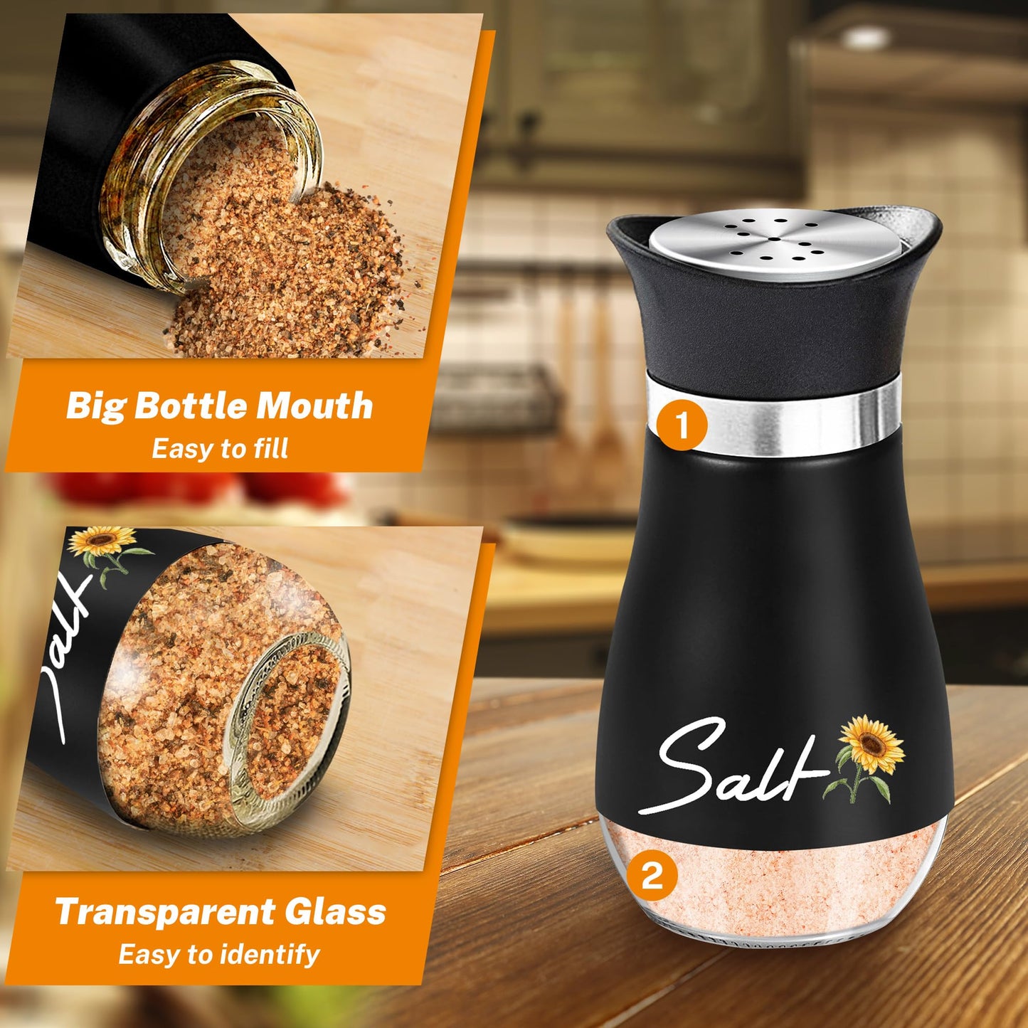Black Sunflower Salt and Pepper Shakers Set - 4oz Farmhouse Kitchen Gadget and Accessories Sunflower Gifts for Decor Cooking Table,Housewarming,Thanksgiving,Christmas
