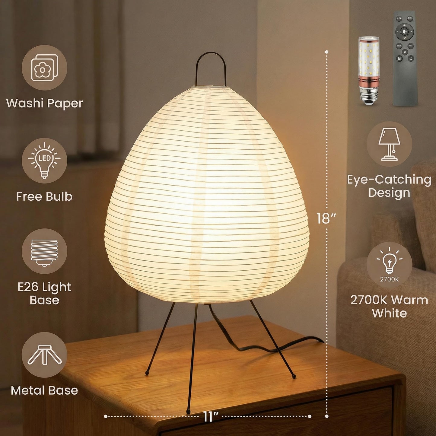 Akari Noguchi Rice Paper Lamp • Dimmable Japanese Paper Lantern Lamp • Japanese Decor Lantern • Cozy Japandi Style • Paper Lantern Light