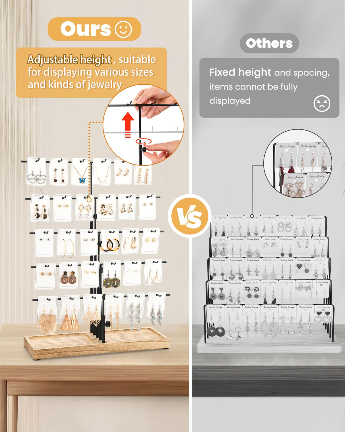 HULISEN Earring Display for Vendors, Adjustable Height Earring Display Stands for Selling, Jewelry Display for Earrings Card, Earrings Rack Display Holder with Tray, 30 Hooks, Carbonized Brown