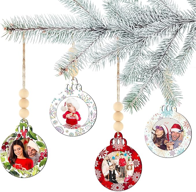Blulu 24 Pcs Christmas Unfinished Picture Ornament Bulk Wooden Round Photo Frame Hanging Ornaments for Christmas Tree Stockings Decorations