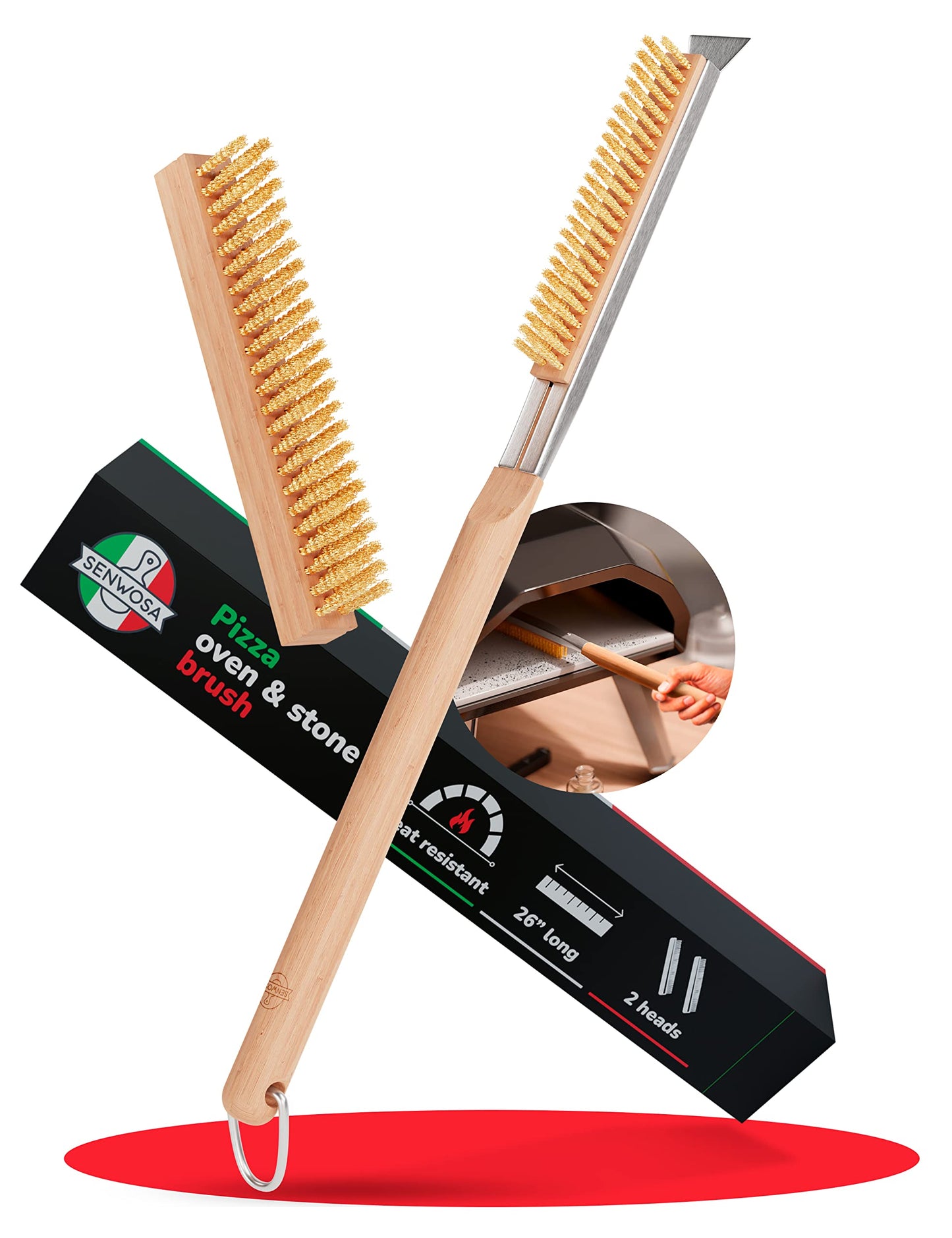 Senwosa Pizza Oven Brush with Stone Scraper - 66 cm - Stainless Steel Bristles, Extra Long Handle, Heat-Resistant - Compatible with Ooni Ovens - Includes Spare Head