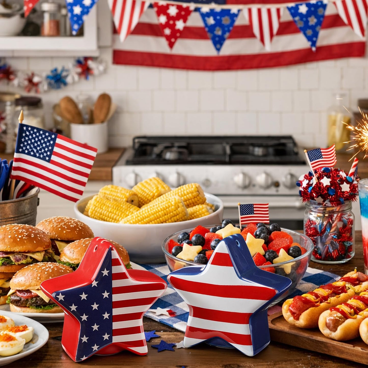 RimCereal 2 Pcs 4th of July Star Shaped Salt and Pepper Shakers with American Flag Decor 3 Inch Patriotic Memorial Day Ceramic Salt and Pepper Shakers Set Red White Blue Decorations for Home Kitchen