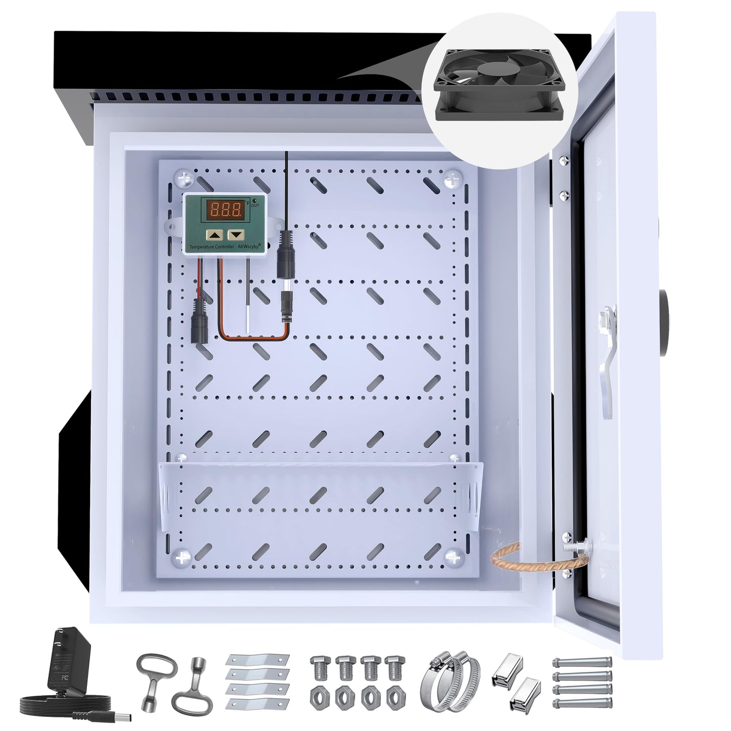 Akwscyby Outdoor Electrical Box with Thermostat and Fan, Precise Temperature Control 0.1°F, IP65 Water Resistant Rating, Galvanized Steel, Aluminum Rear Beam (17.7 "x13.4 x9.4)