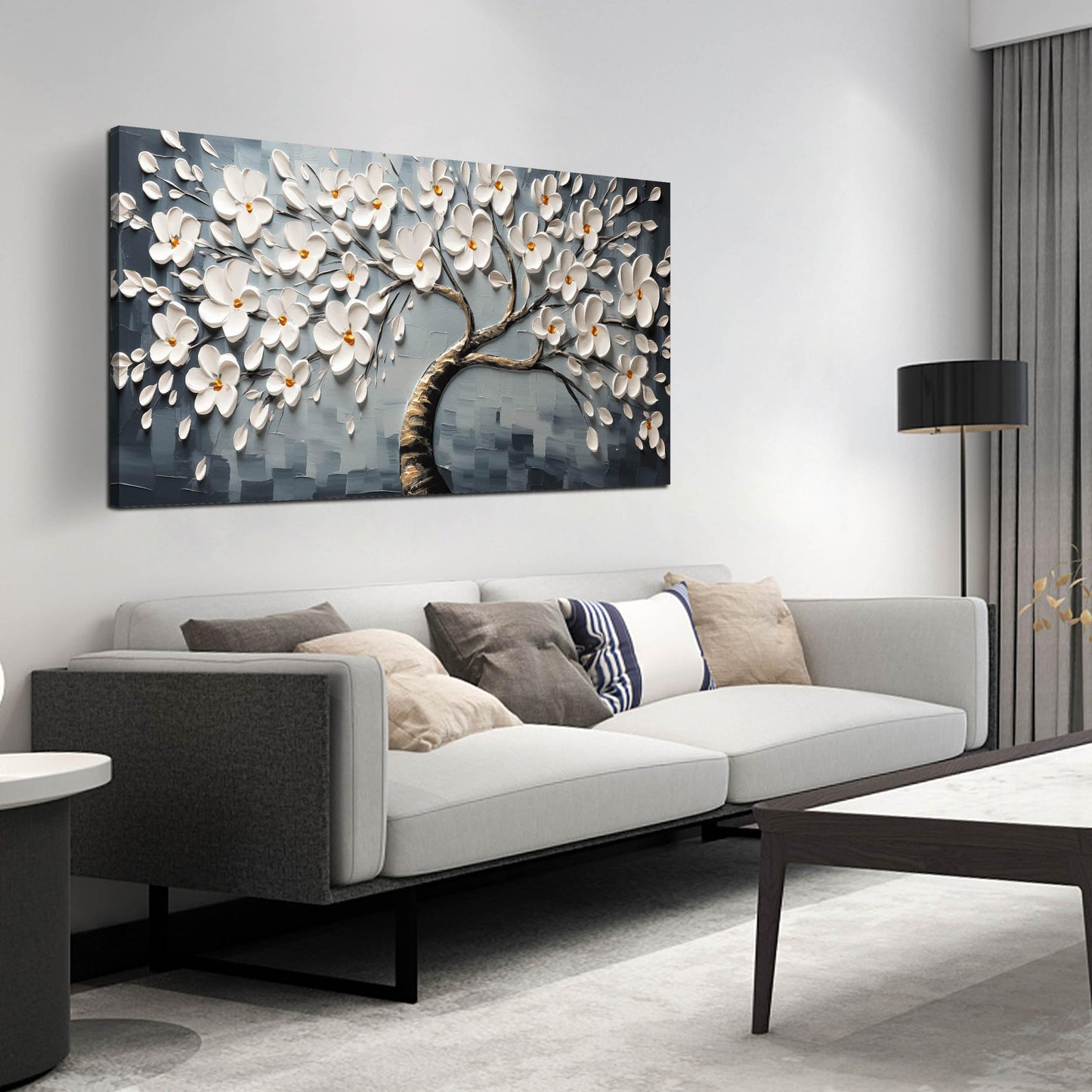 Canvas Wall Art for Living Room White Flowers Tree of Life Picture Print Paintings Large Framed Bedroom Wall Decor Artwork Modern Gallery Plant Wall Decorations Size 24x48 inch Ready to Hang