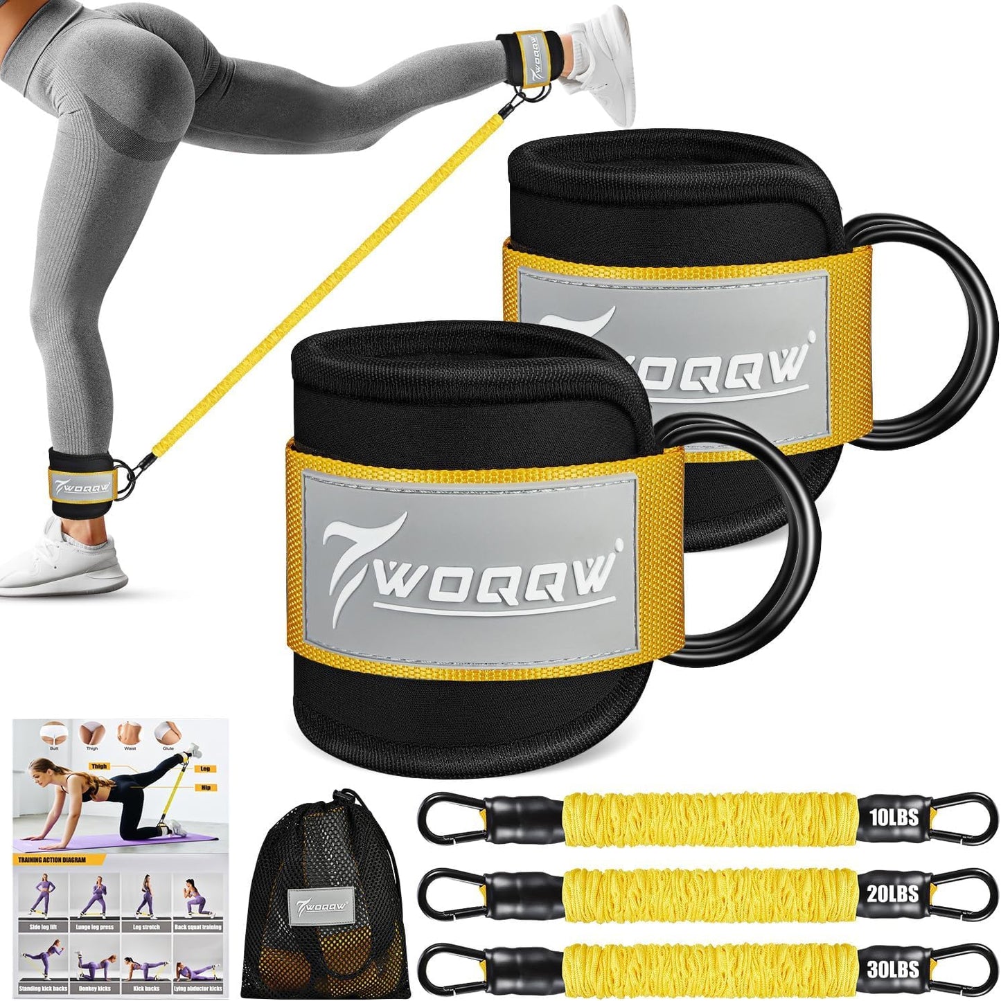 WOQQW Ankle Resistance Bands with Ankle Straps, Ankle Weights Bands for Women, Legs and Glutes Workout Equipment, Home Gym Exercise Equipment for Booty Training, Cable Machine Kickback, Pilates