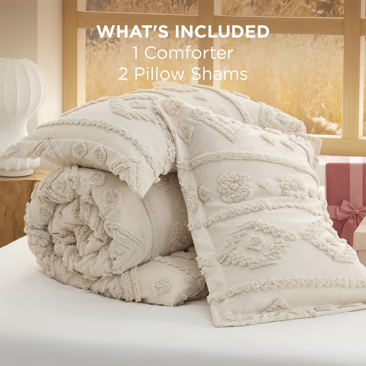 Bedsure Boho Tufted Beige Comforter King Size, GentleSoft™ 3 Pieces Boho Farmhouse-Style Decor Bedding, Exquisite Bedding for All Seasons, 1 Bed Comforter, 2 Pillow Shams, 104x90 Inches