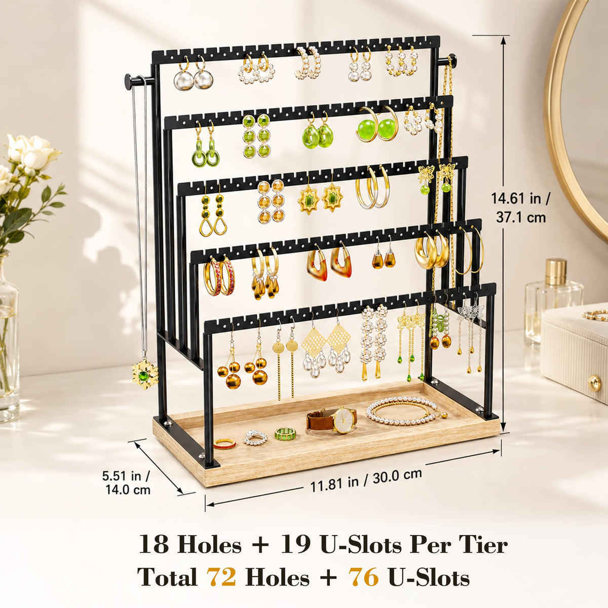 TIPSYTREE 5 Tier Earring Holder Organizer with Attached Wooden Tray, Large Earring Storage for Studs Hoops Dangle Earrings, Black Metal Earring Display Stand for Dresser or Vanity Table