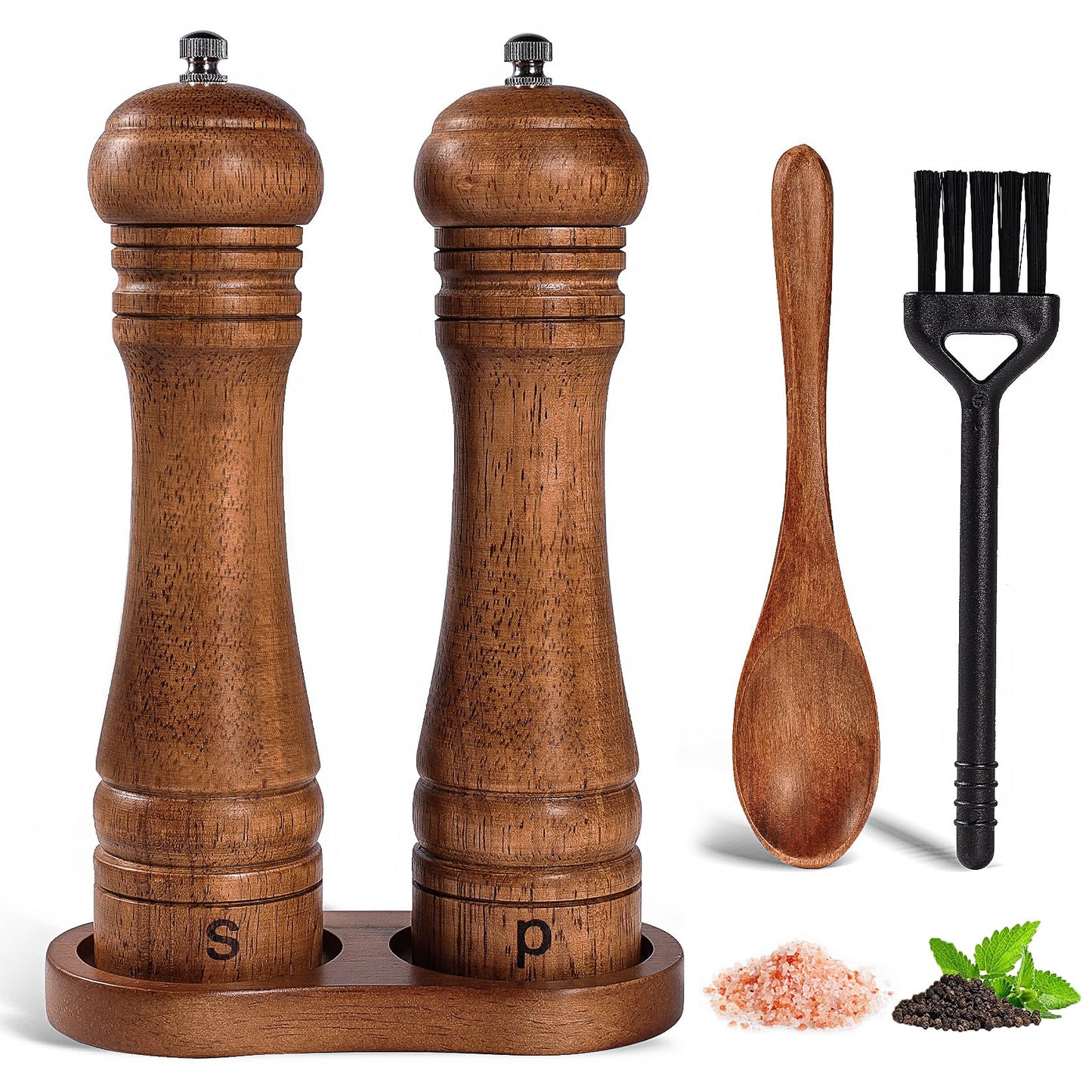 DEBETOOL Wooden Salt and Pepper Grinder Set with Stand - 8-inch Oak Wood Salt Mill Pepper Grinder Set, Adjustable Ceramic Core, 2 Pepper Mills + Wooden Spoon & Cleaning Brush (Kitchen Essential)