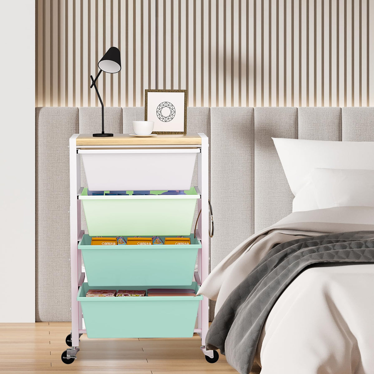 Rolling Cart with Drawers, Rolling Storage Cart with Large Plastic Drawers & Wooden Tabletop, Utility Cart with Pegboards & Basket, Storage Drawers Cart for Living Room, Classroom, Bedroom, Office