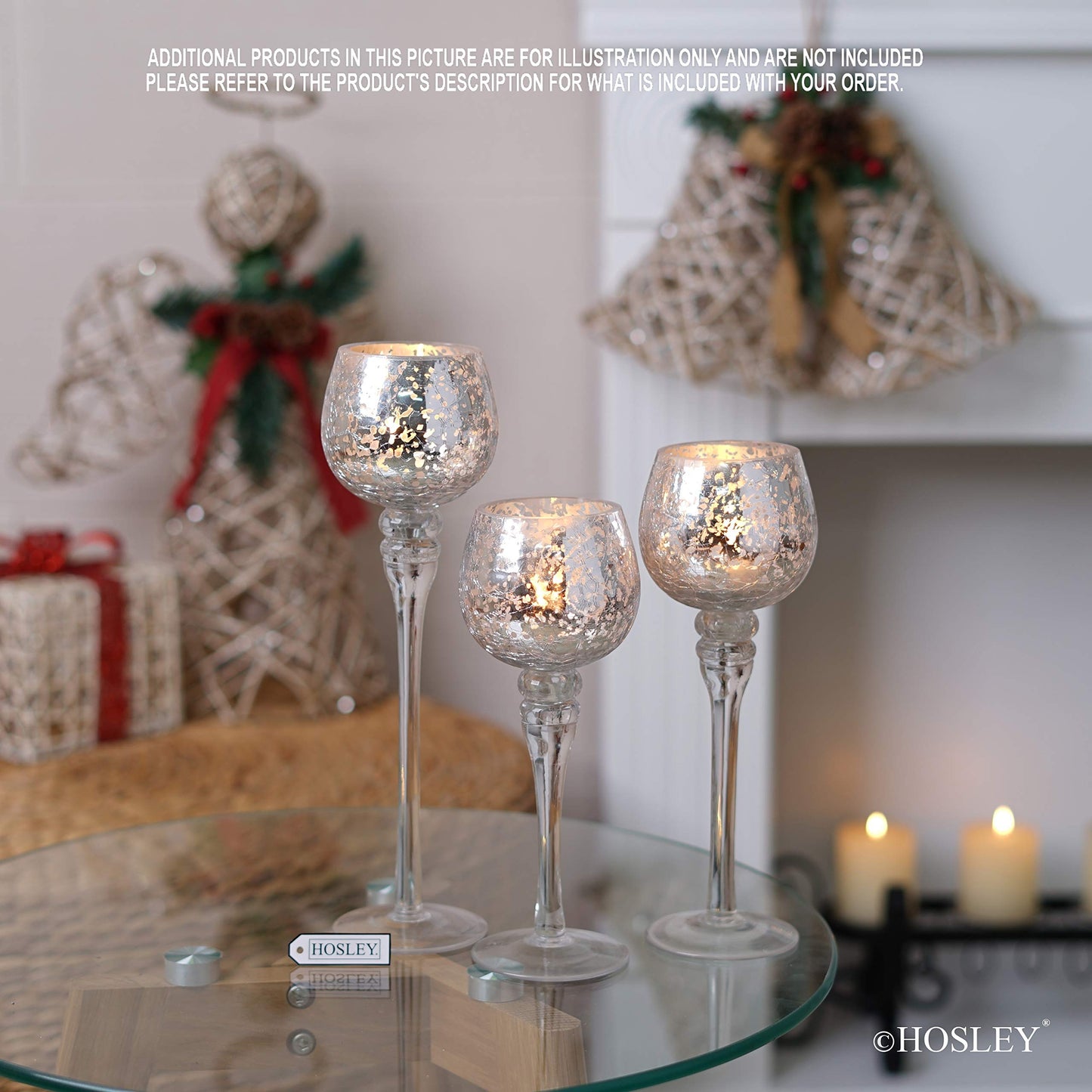 Hosley Set of 3 Crackle Metallic Glass Tealight Holders 12 Inch, 10 Inch, 9 Inch Elegant Home Decor for Ambient Lighting and Stylish Centerpieces and Gift