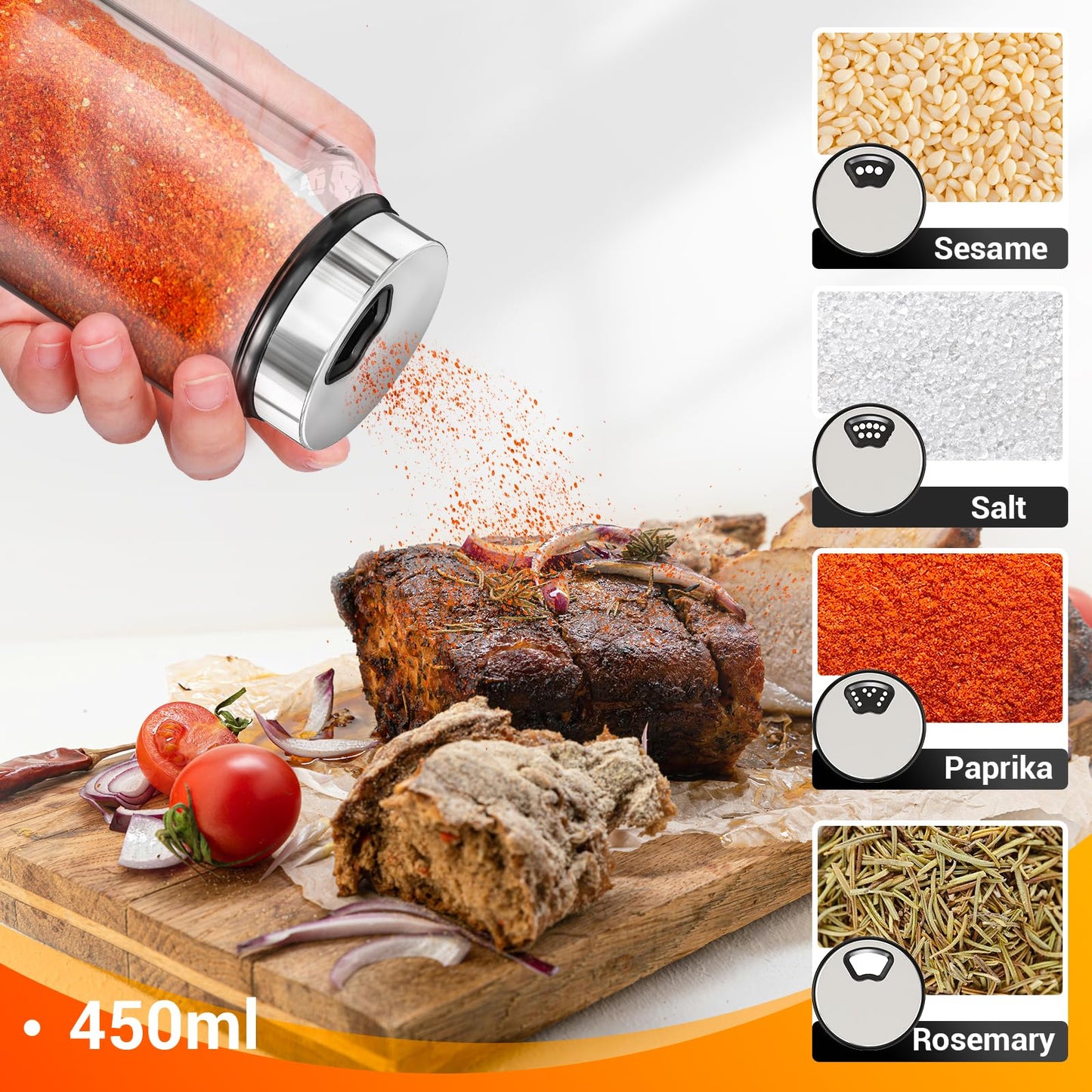 Segarty 15oz Spice Jar with Accessories, 1 Pack 450ml Glass Salt Pepper Bottle with Shaker Lids for Seasonings Storage, Large Condiment Container with 8 Blank Labels, 1 Cleaning Brush, 1 Chalk Marker