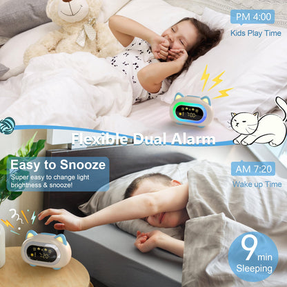 ANALOI Alarm Clock for Kids, Kids Alarm Clocks for Girls with Sleep Training Dual Alarm Eye Protection Auto Off Timer 10 Color Night Light, Cat Ok to Wake Clock, Gifts for Kids Girls