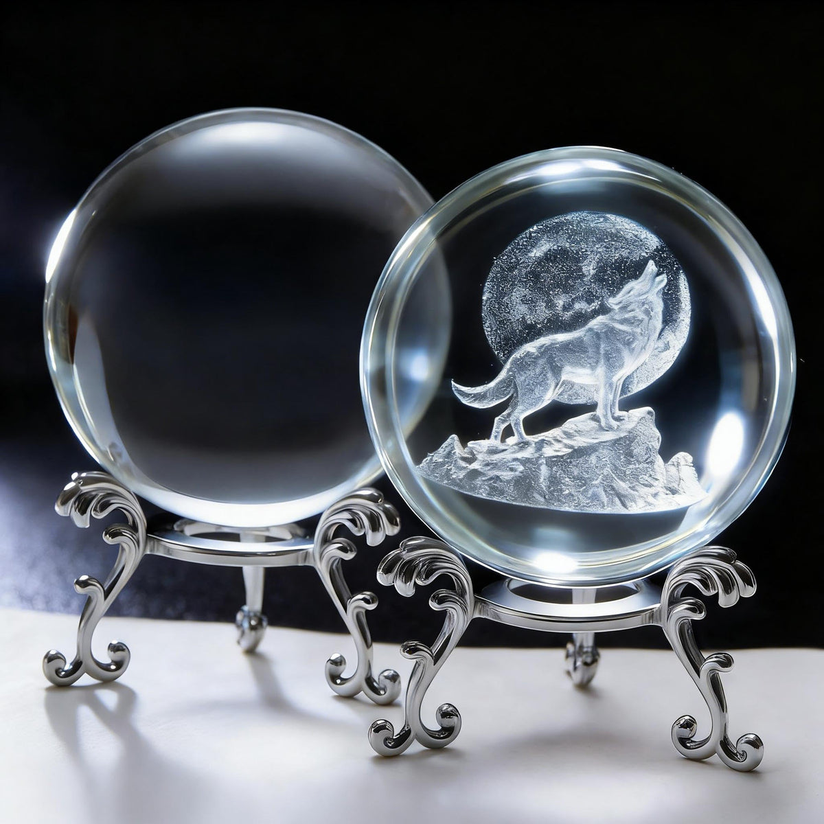 vskikris 2 Crystal Balls with Silver Stands - 3D Laser Engraved Wolf & Moon & Clear Crystal Sphere Set, Decorative Paperweights, Home & Party Decor, Photography Props, for Men & Nature Lovers