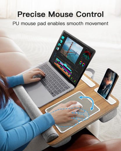 HUANUO Lap Desk - Fits up to 17 inches Laptop Desk, Built in Mouse Pad & Wrist Pad for Notebook, Laptop, Tablet, Lap Stand with Tablet, Pen & Phone Holder, Brown Woodgrain