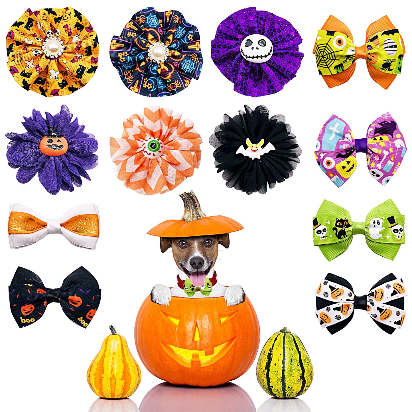 PET SHOW 12pcs/Pack Halloween Dog Collar Charms Flower Bows Bowties Accessories for Cat Puppy Collars Attachment Small Dogs Grooming