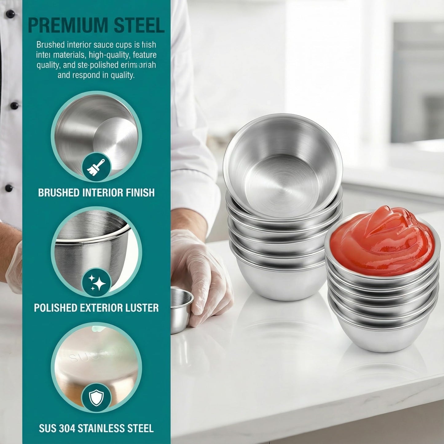 CathJune 100 Pcs 1.5 oz Stainless Steel Ramekins, Metal Dipping Sauce Cups, Small Condiment Cups for Kitchen, Restaurant, Camping, BBQ, Party and Seafood