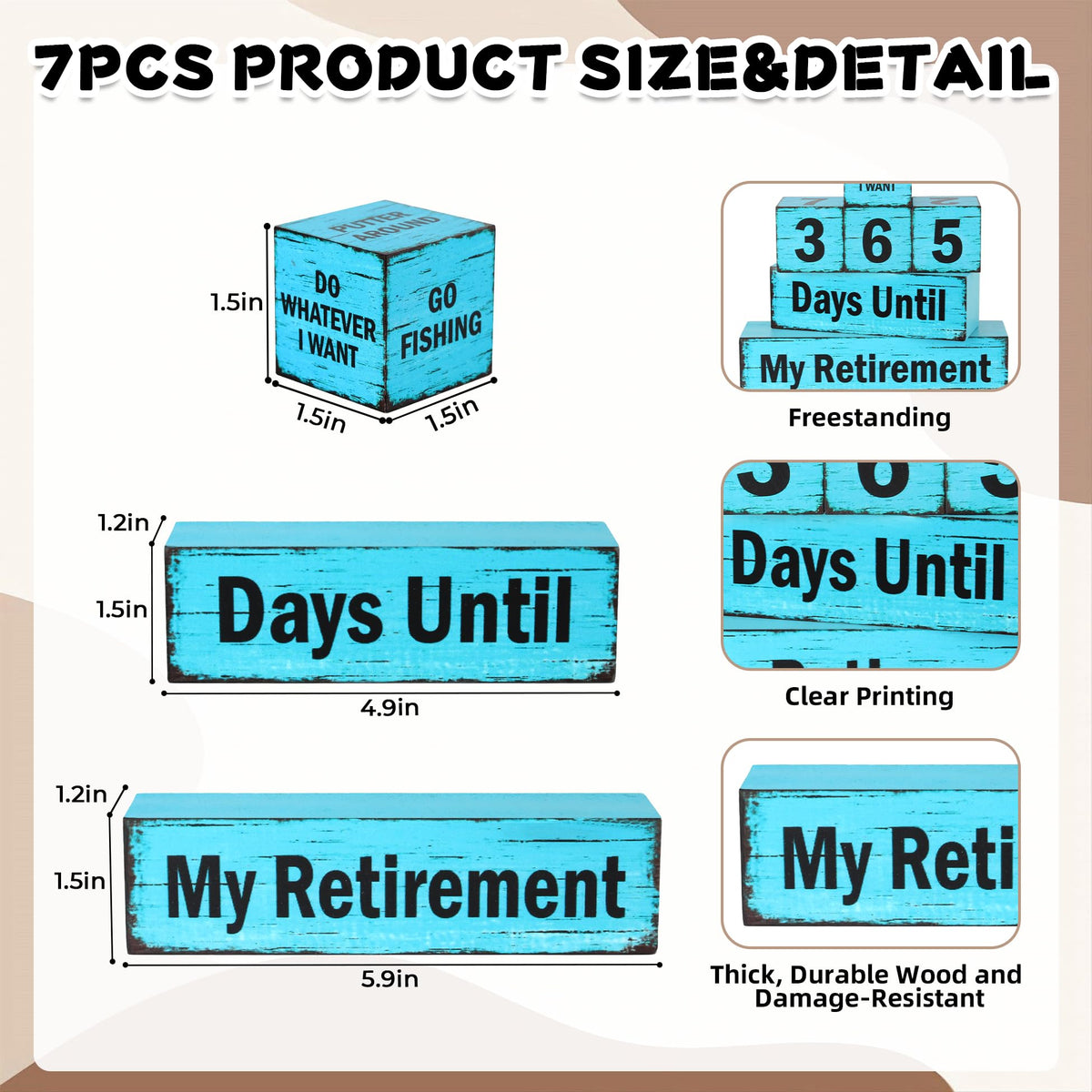 7 Pcs 365 Days Retirement Countdown Wooden Table Decor, Retire Activities Decision Dice Table Decorations for Home Office