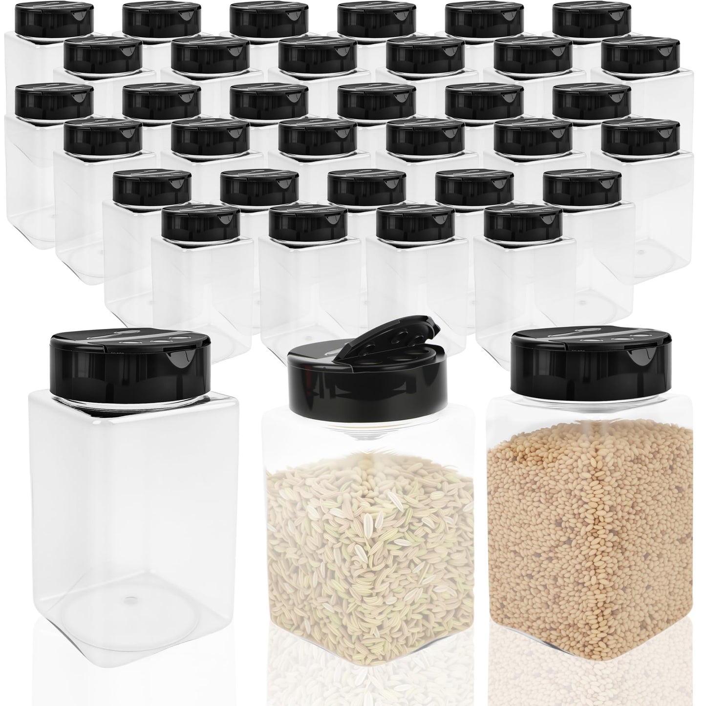 Conagel 36 Pack 9 oz Square Plastic Spice Jars with Black Lids Empty Seasoning Containers Plastic Storage Spice Bottles for Kitchen Peppers Salt