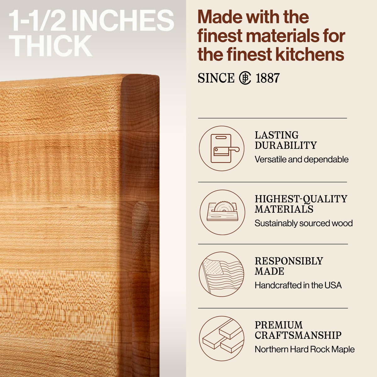 John Boos R-Board Series Rectangular Wooden Maple Cutting Board 18”x12” – 1.5” Thick, 10-lb Reversible Butcher Block with Edge-Grain & Finger Grips – Made in the USA