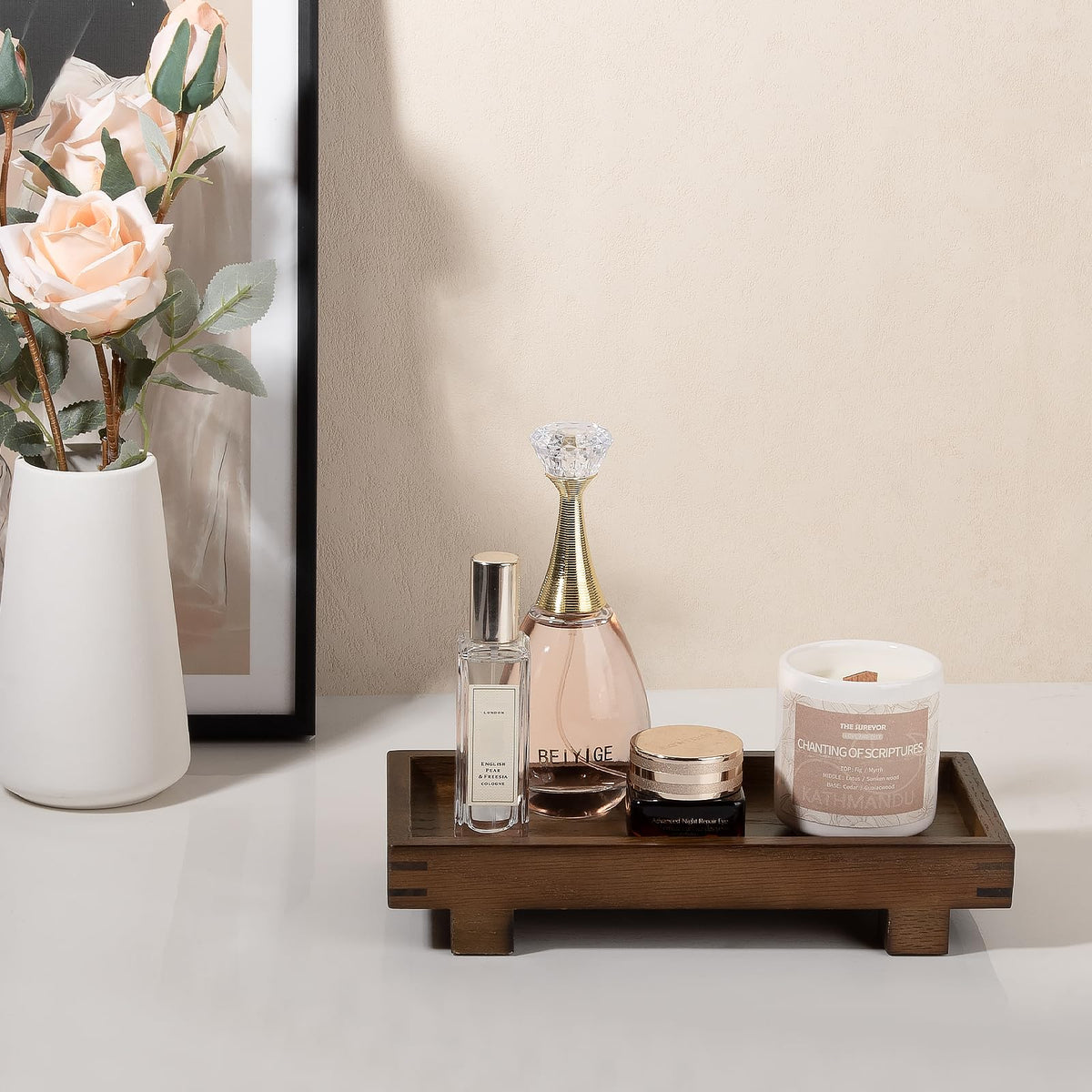 Decorative Tray Small Pedestal Stand Farmhouse Bathroom Decor Wooden Riser Display Stand for Vanity, Kitchen Countertop, Sink, 9.4 * 4.7 Walnut