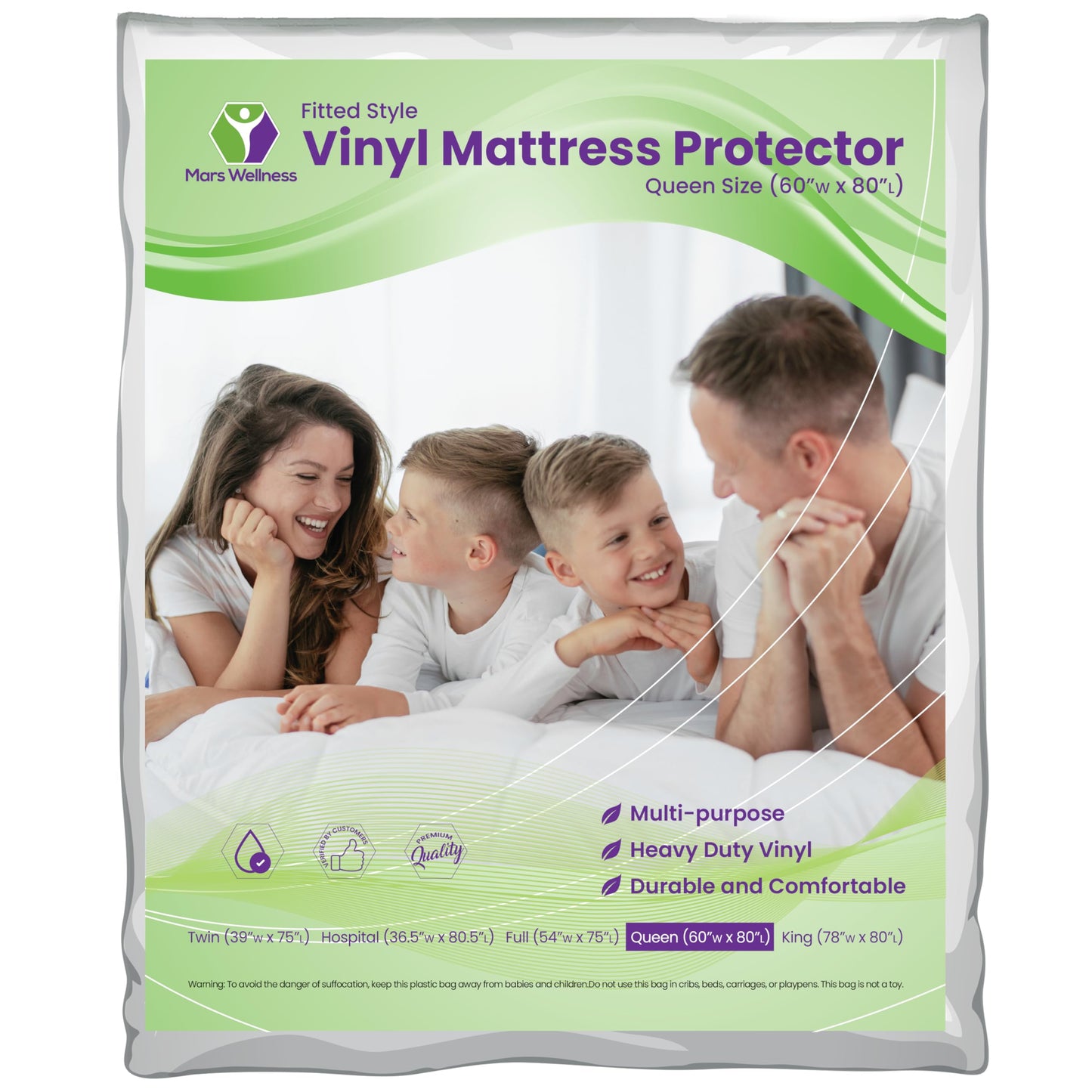 Mars Wellness Waterproof Vinyl Mattress Protector and Cover - Contoured Fitted White Mattress Cover Sheet - 1 Pack - Queen