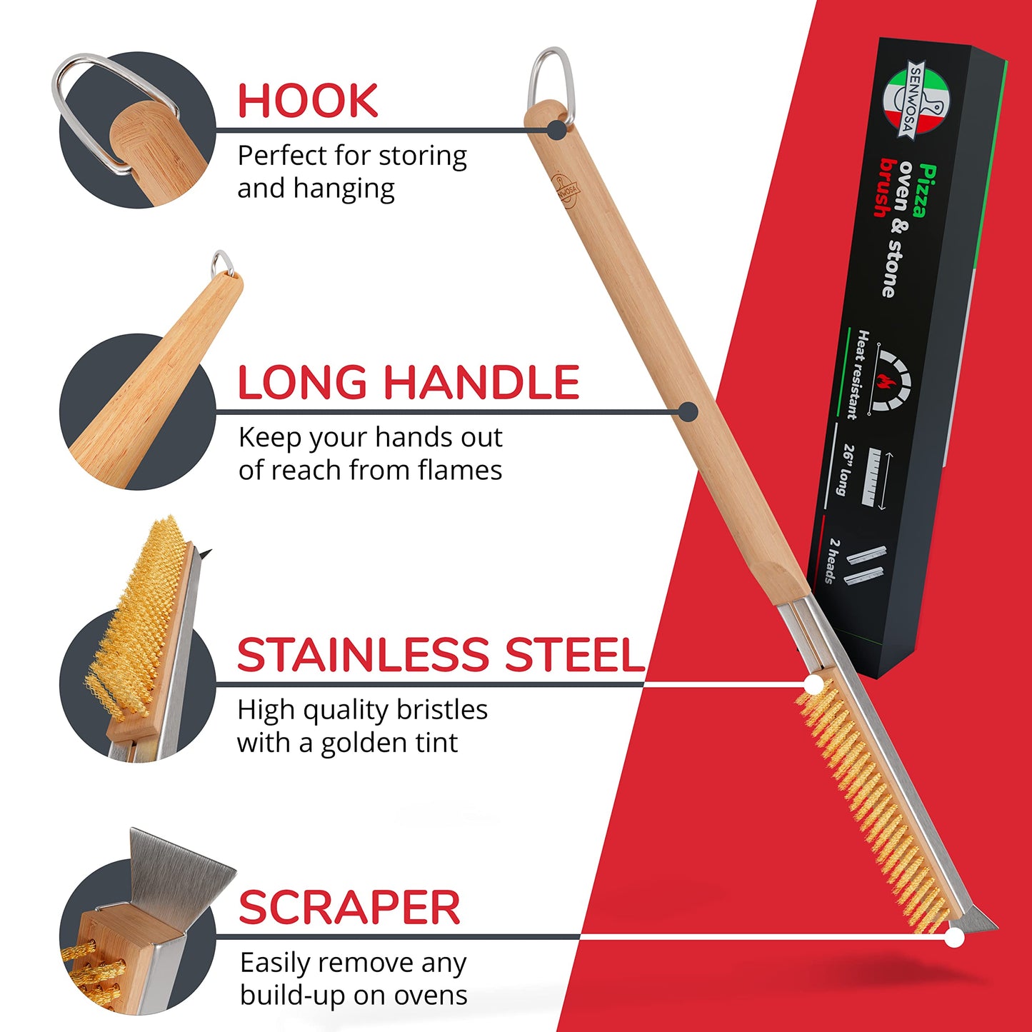 Senwosa Pizza Oven Brush with Stone Scraper - 66 cm - Stainless Steel Bristles, Extra Long Handle, Heat-Resistant - Compatible with Ooni Ovens - Includes Spare Head