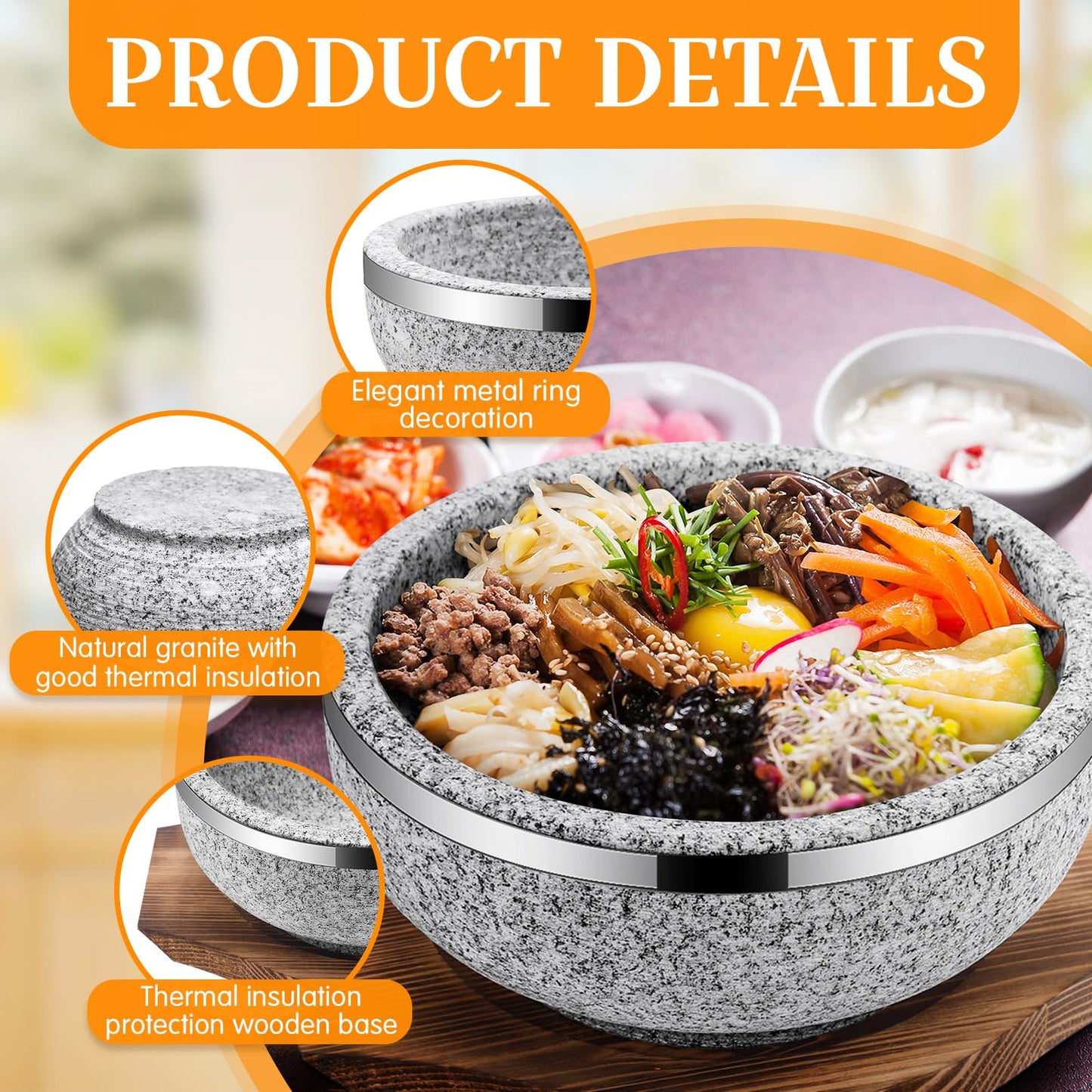 Lallisa 2 Set Dolsot Bibimbap Stone Bowl with Wood Base and Aluminum Tongs Dolsot Pot Stone Bowls Sizzling Hot Pot for Korean Restaurants, Soup, Rice, Stew(32 oz)