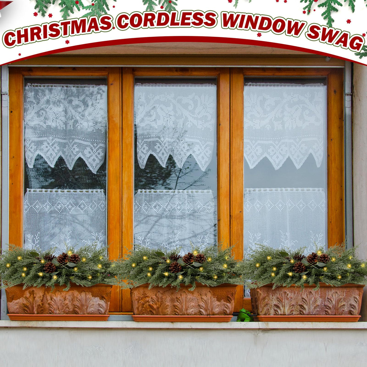 Yalikop 24.5 inch Christmas Swags with Light Artificial Pine Needles Swag Decoration Greenery Christmas Swag for Front Door Window Stair Fireplace Mantle Holiday Xmas Decor (Pine Cone)