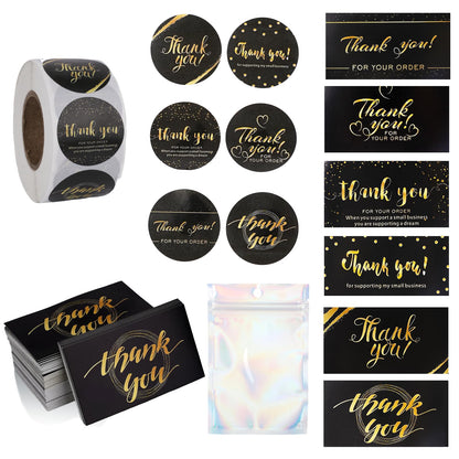 670Pcs Thank You Cards and Stickers Set- 500 Thank You for Supporting My Small Business Stickers & 120 Cards with 50 Resealable Packaging Bags, Small Business Essentials (Black)