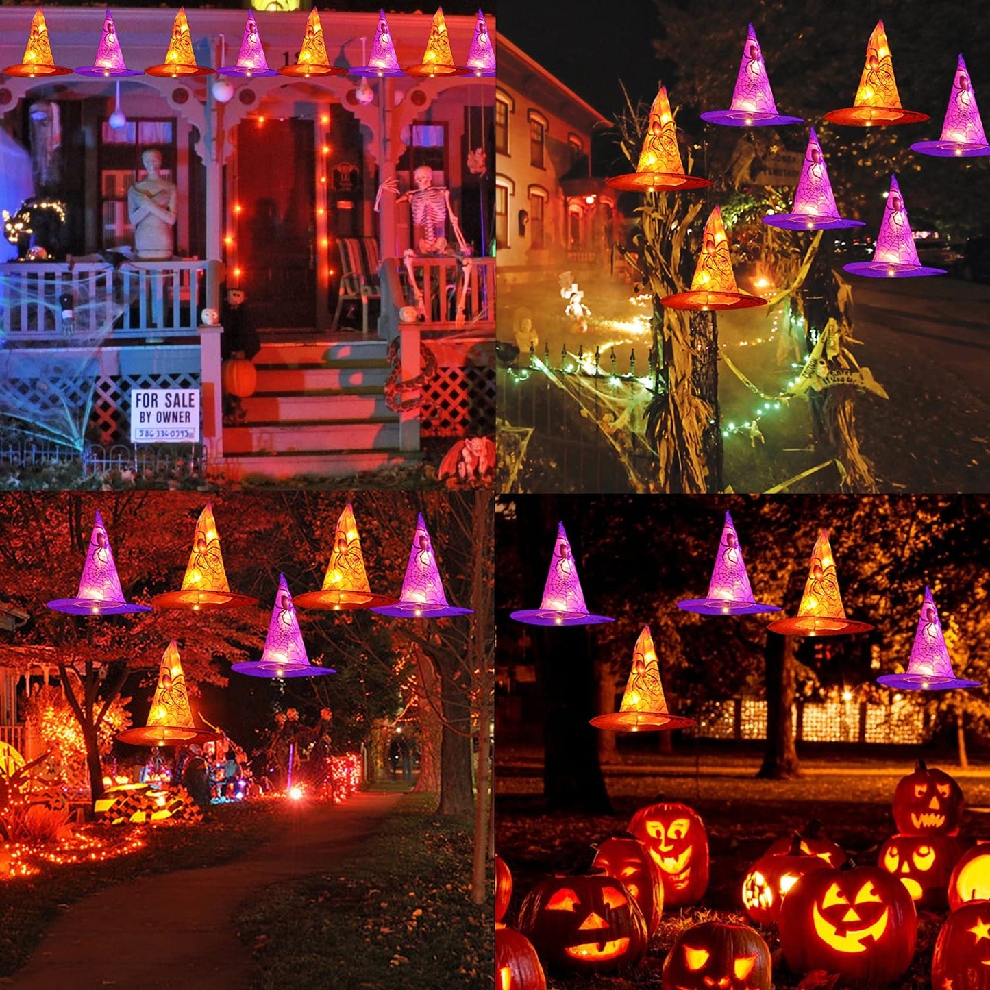 Dazzle Bright 8 Pcs Hanging Witch Hat String Lights, Light Up Waterproof Halloween Decorations with Remote Control for Outdoor Garden Party Carnival Supplies Decor