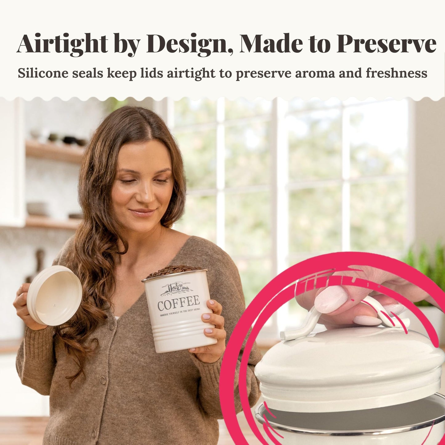 noonberry Kitchen Canisters for Countertop - 5-Piece Airtight Flour Sugar Coffee Tea Kitchen Canister Set with Utensil Holder - Sugar and Flour Containers for Kitchen Counter, Cream-White Finish