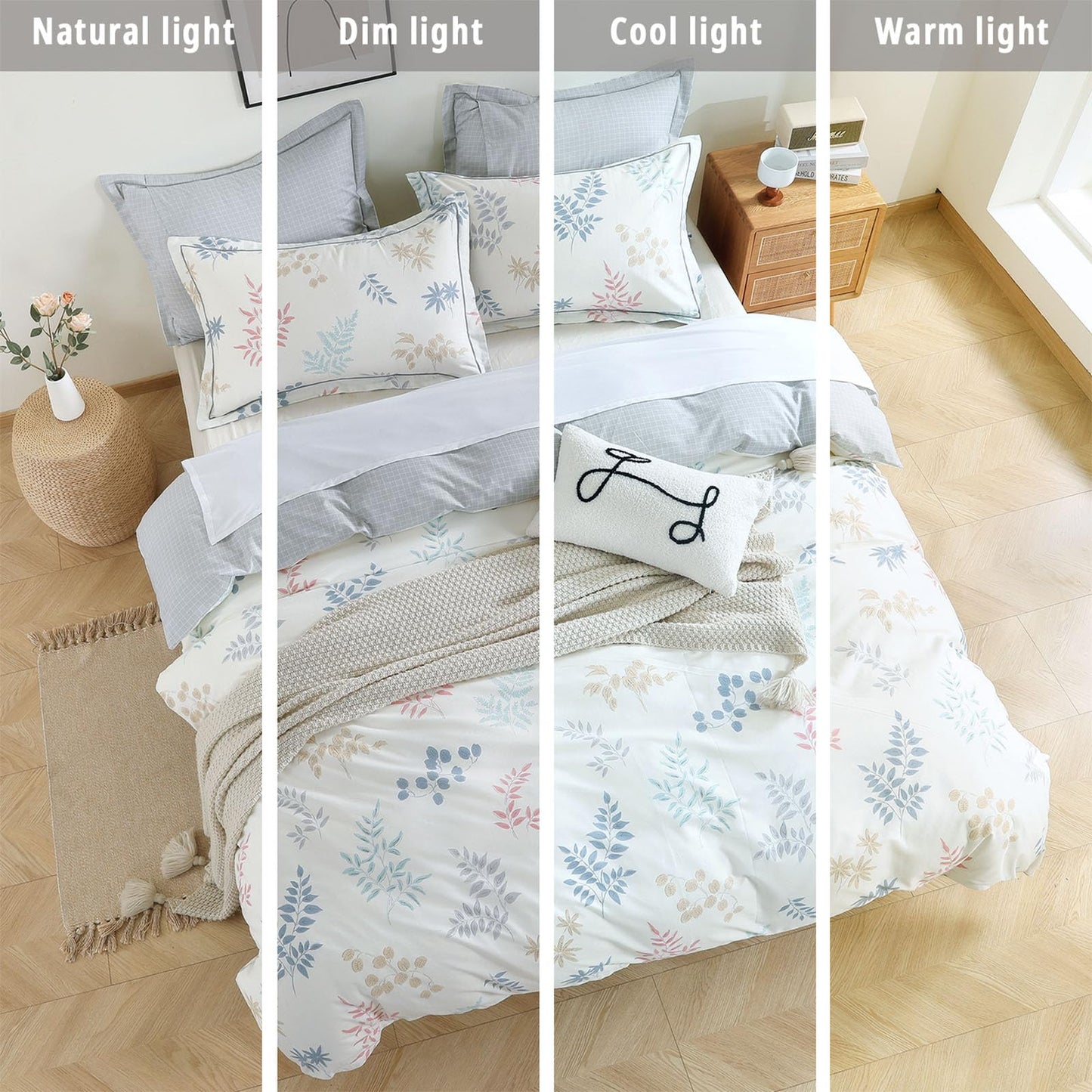 LEMIROE Farmhouse Cotton Comforter King Size 3Pcs -Charming Pastel Leaf Print on Cream Base, Gray Grid Back, Reversible Lightweight Bedding Sets with Soft Fill(King, 104"×90")