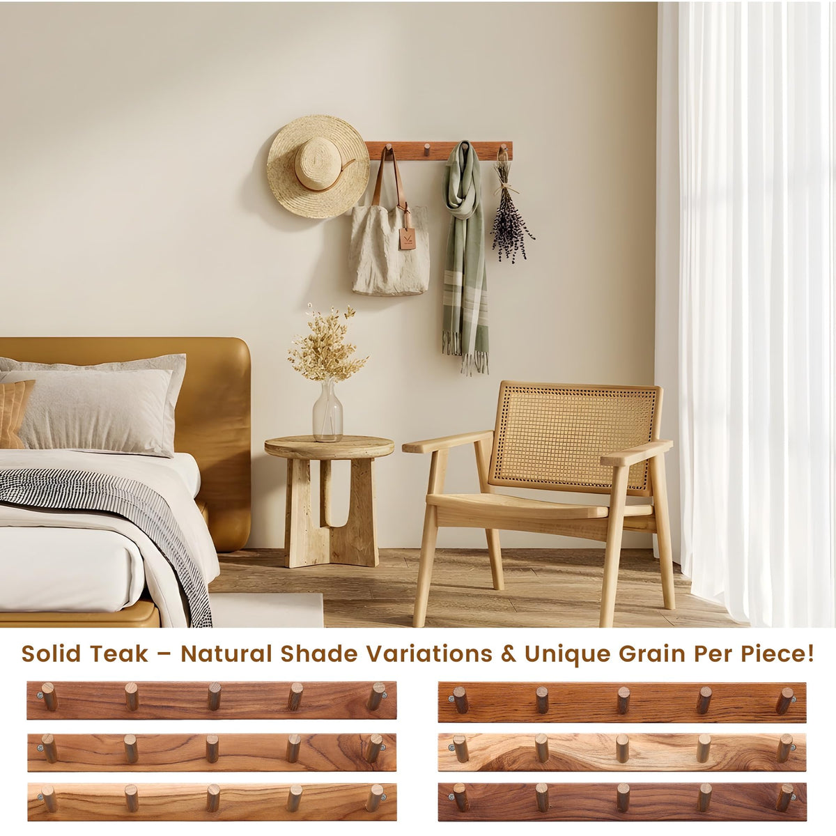 Cobnap Natural Teak Wall-Mounted Coat Rack (Set of 2, 16'' Hole to Hole) - Farmhouse Entryway Hooks with 5 Wooden Hooks Each, Rustic for Bathroom, Mudroom 2P