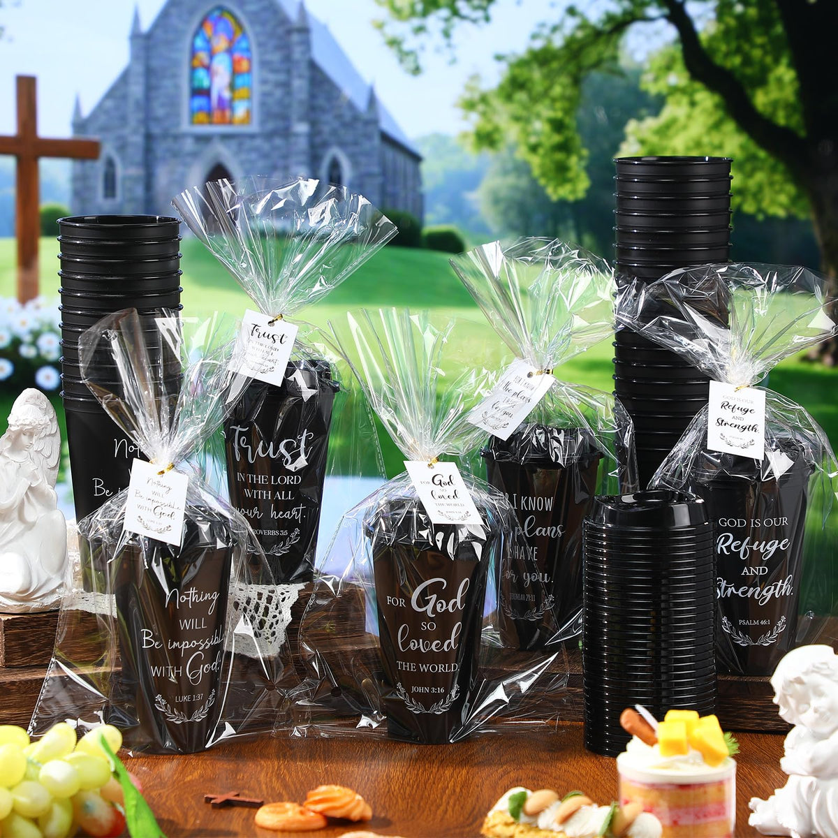 LemonRoad 40 Sets Christian Gifts Bulk 16oz Reusable Bible Verse Coffee Cups with Lids Cards and Gift Bags Inspirational Religious Gifts for Church Party (Black)