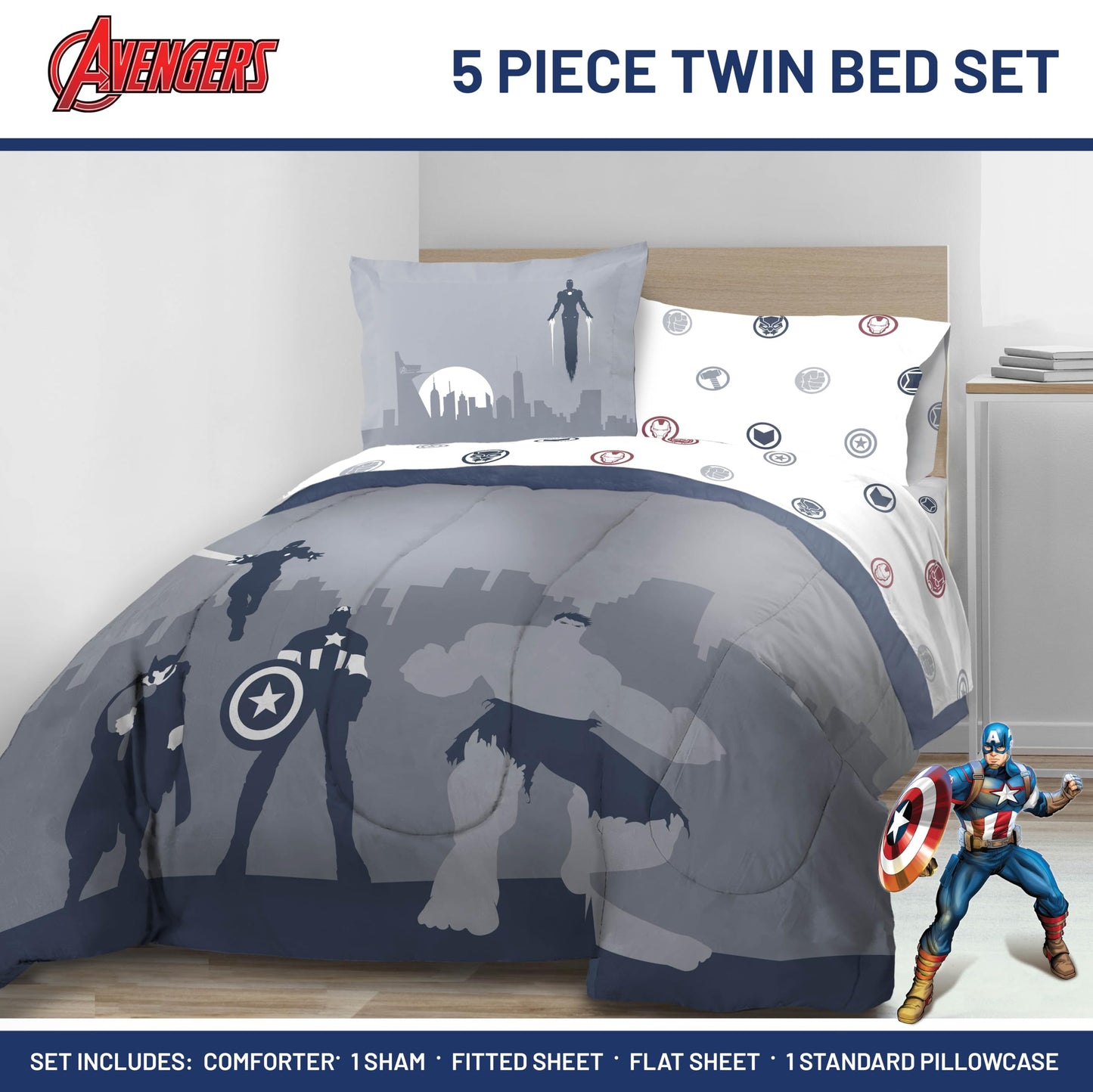 Jay Franco Marvel Avengers Twin Size Comforter Set - 5 Piece Bedding Includes Sheet Set & Pillow Covers - Super Soft Cozy Bedding with Captain America, Hulk, Iron Man and Thor