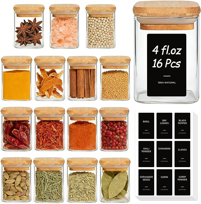 ComSaf Spice Jars with Label 4oz 16 Pack, Glass Spice Jars with Bamboo Lid
