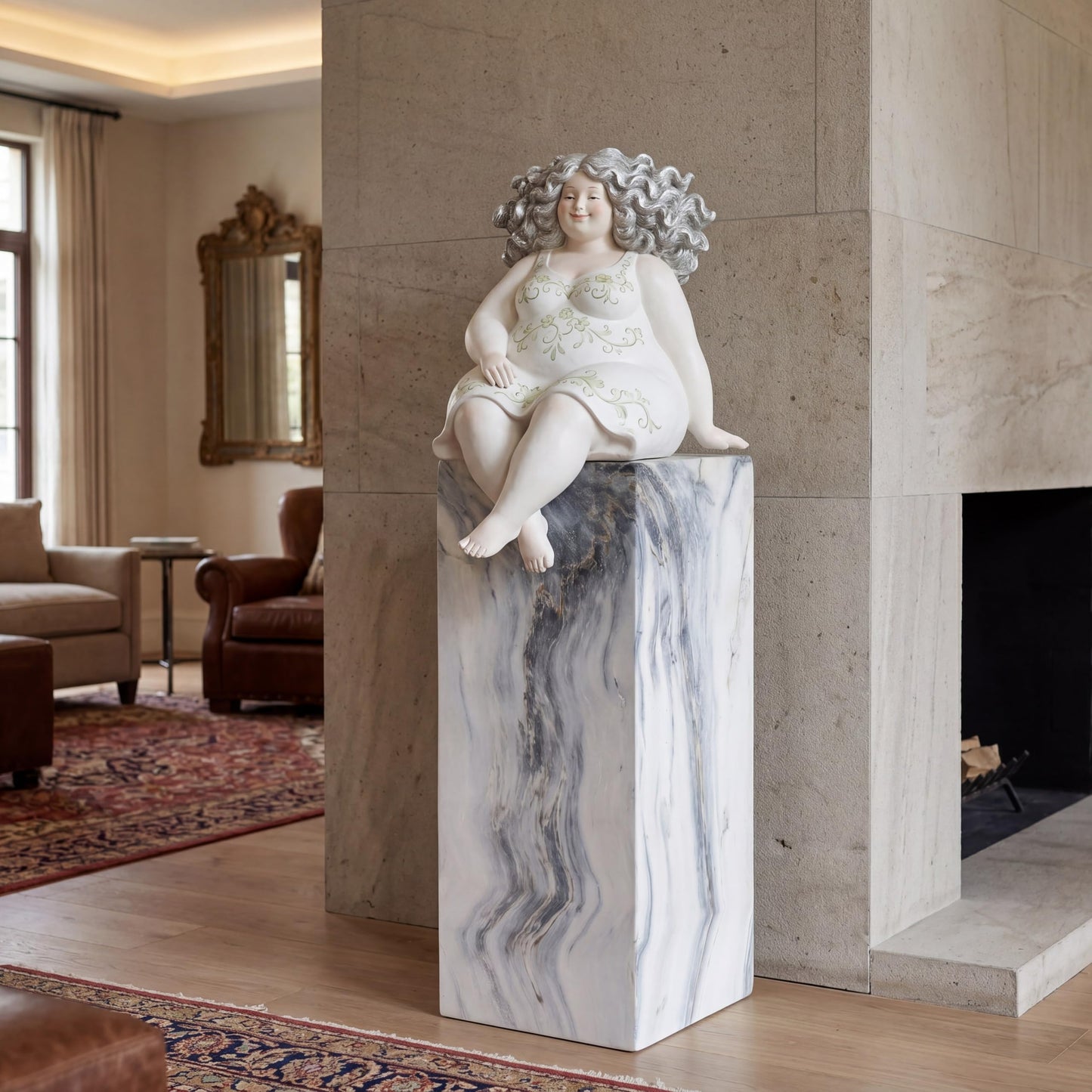 Handcrafted Marble Effect Pedestal, 30.3" Tall, Indoor & Outdoor Display Stand, Square Base, Heavy-Duty 100 lbs Capacity, Unique Grey-Blue Veining, Plant Stand, Sculpture Plinth, Side Table Accent
