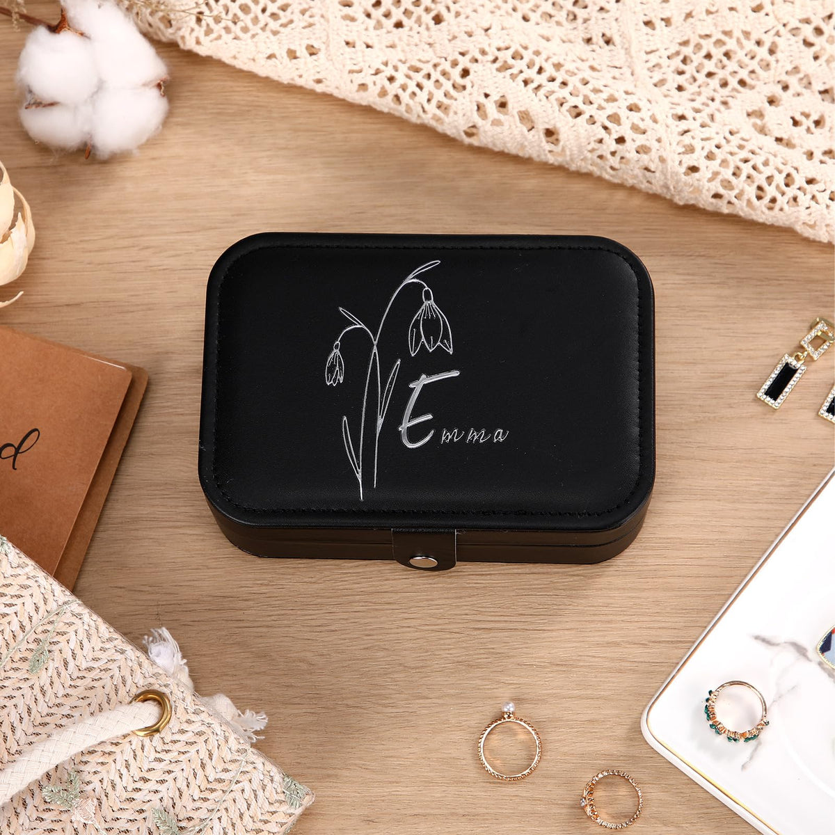 BrightRow Personalized Leather Jewelry Box Bridesmaid Gift Jewelry Organizer with Name & Birth Flower Decal Custom Travel Jewelrys Case Bachelorette Wedding Party Favors Birthday Gift for Women Girl