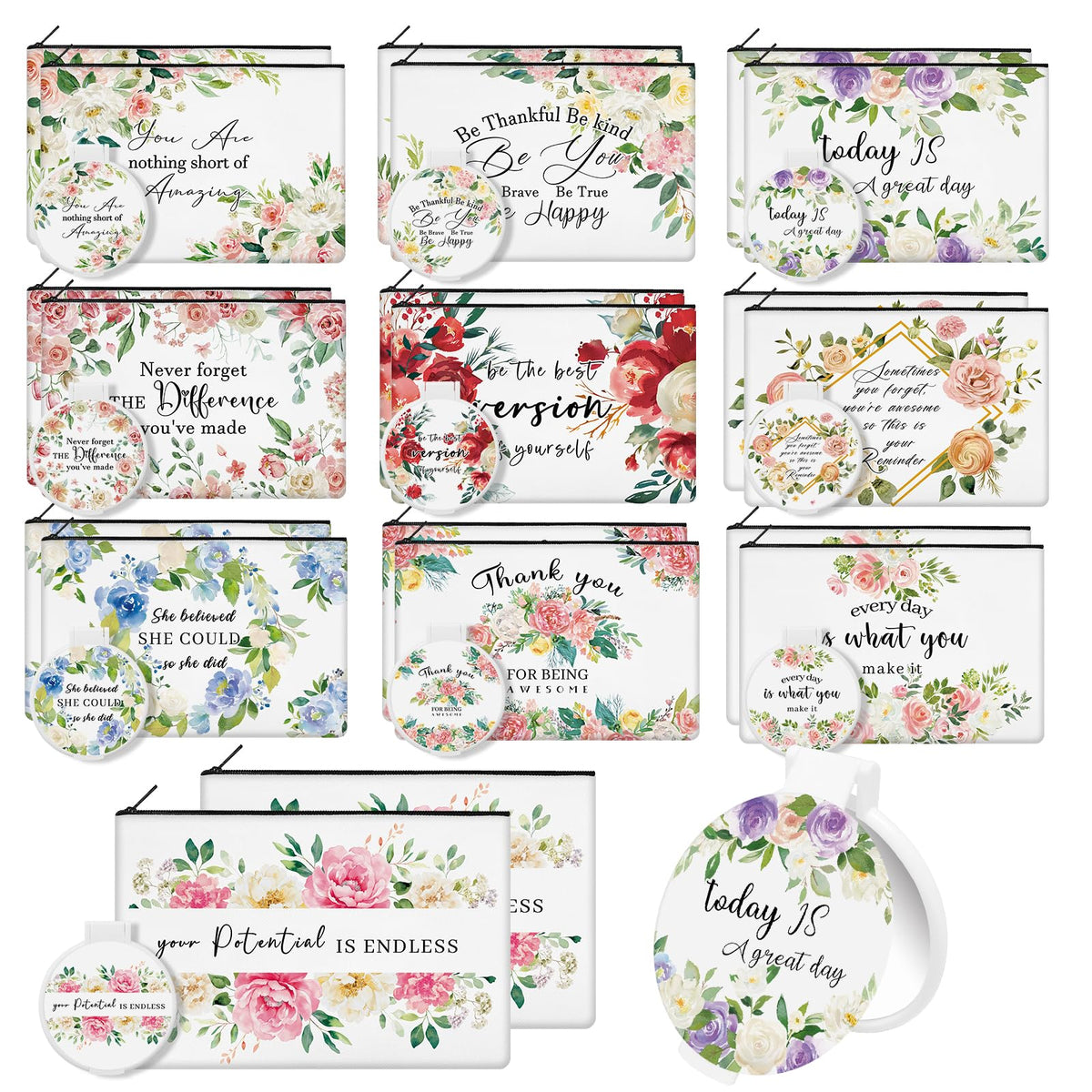 KOPOOEOE 40 Pcs Floral Inspirational Gifts Canvas Makeup Bags with Compact Mirrors Cosmetic Bags Thank You Pouch Bulk for Mothers Day Church Women Teacher Coworker Employee Gifts